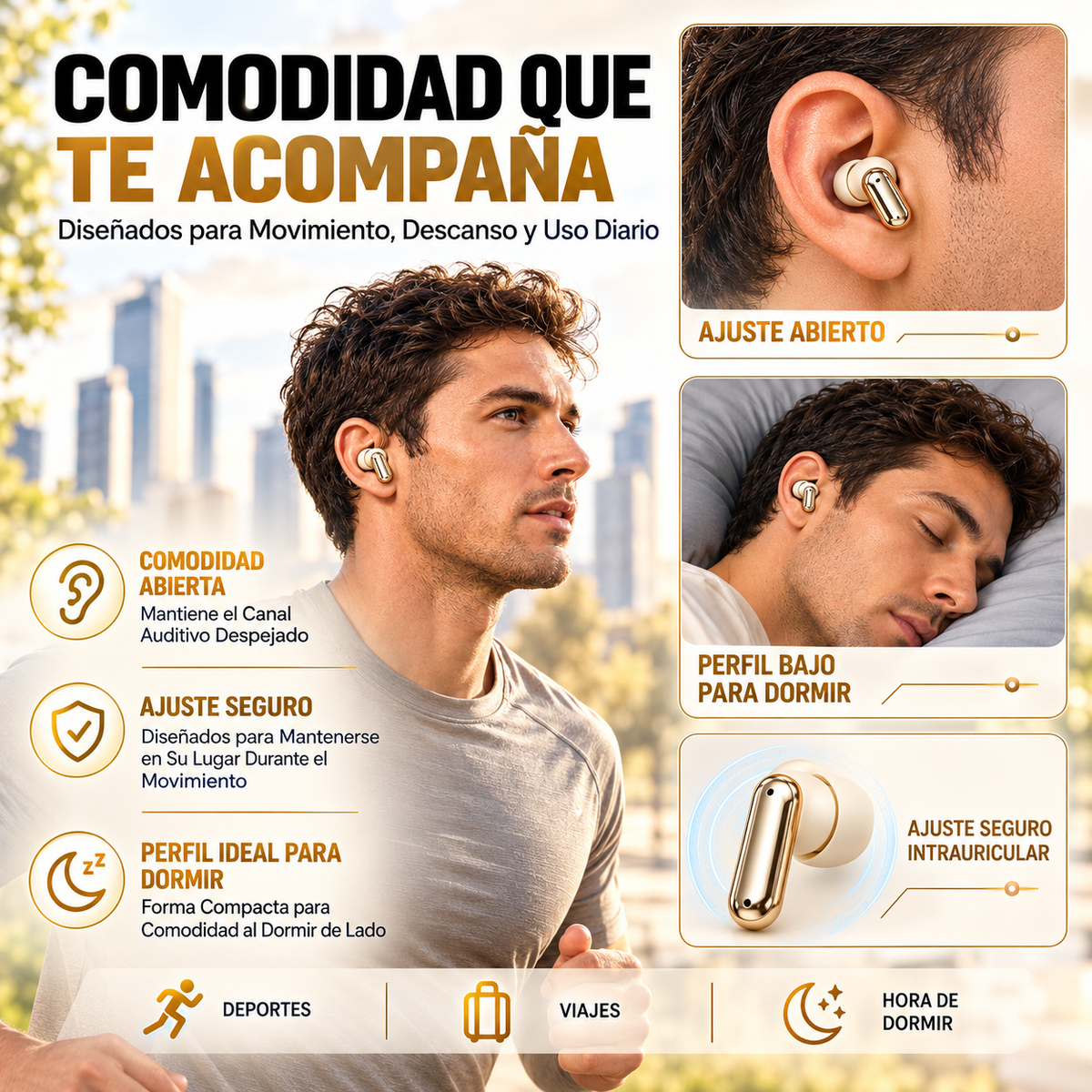 Auriculares inalámbricos de tres estilos: para dormir, para hacer deporte y para uso intrauditivo (3 en 1).