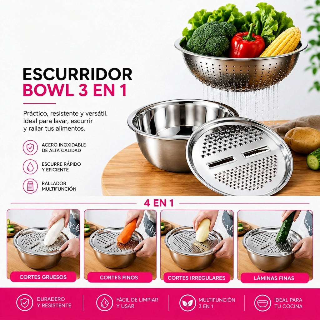 Escurridor BOWL™ 3 en 1 – Escurre, Lava y Ralla tus alimentos