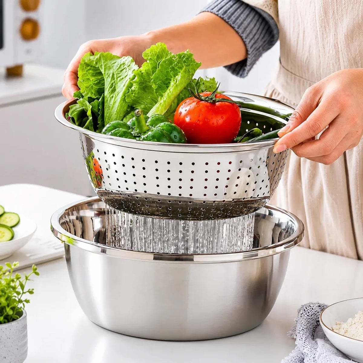 Escurridor BOWL™ 3 en 1 – Escurre, Lava y Ralla tus alimentos