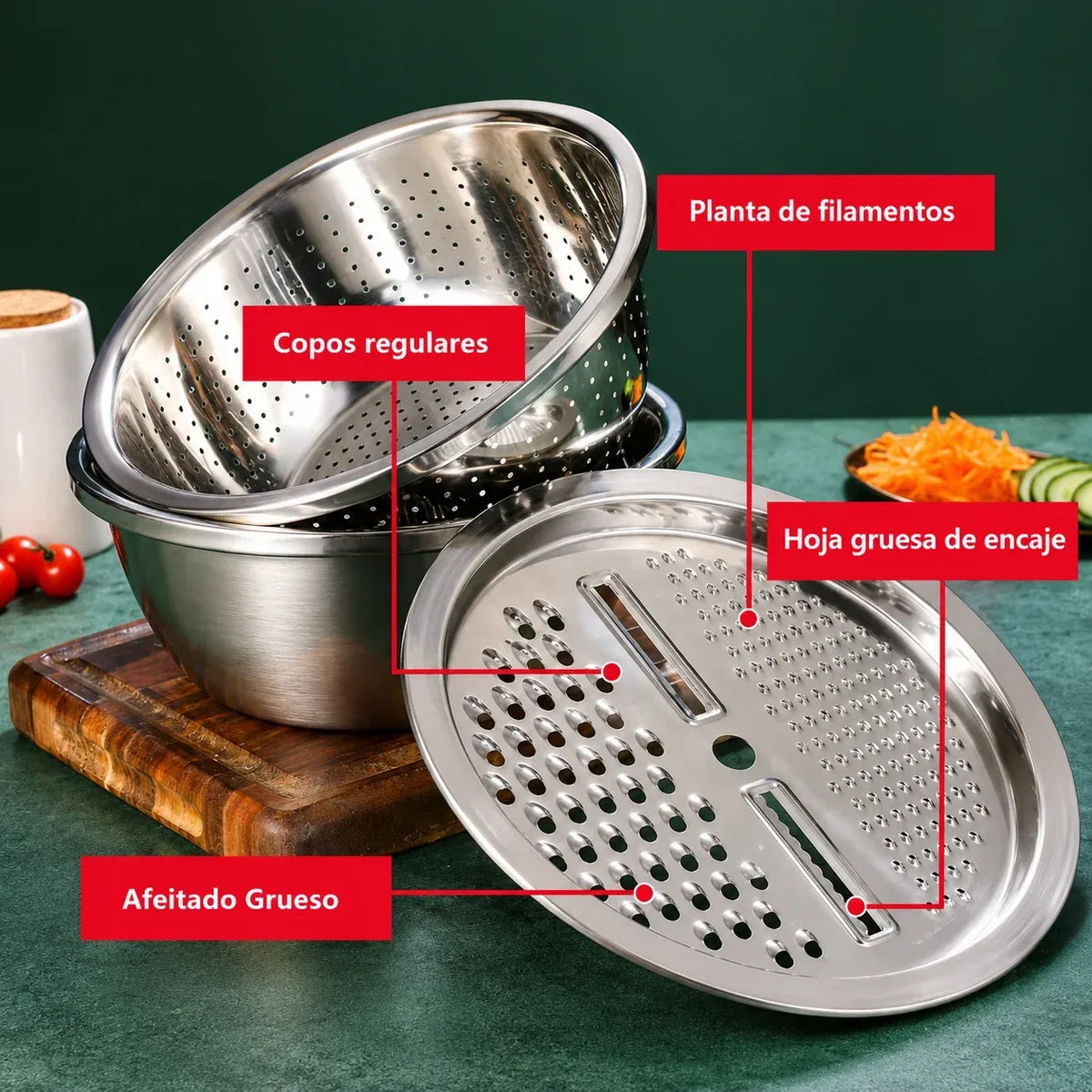 Escurridor BOWL™ 3 en 1 – Escurre, Lava y Ralla tus alimentos