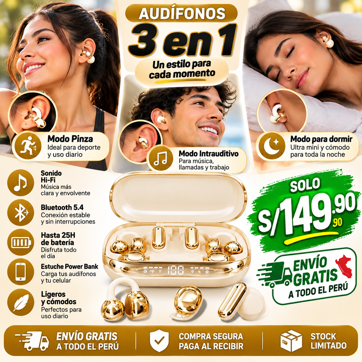 Auriculares inalámbricos de tres estilos: para dormir, para hacer deporte y para uso intrauditivo (3 en 1).