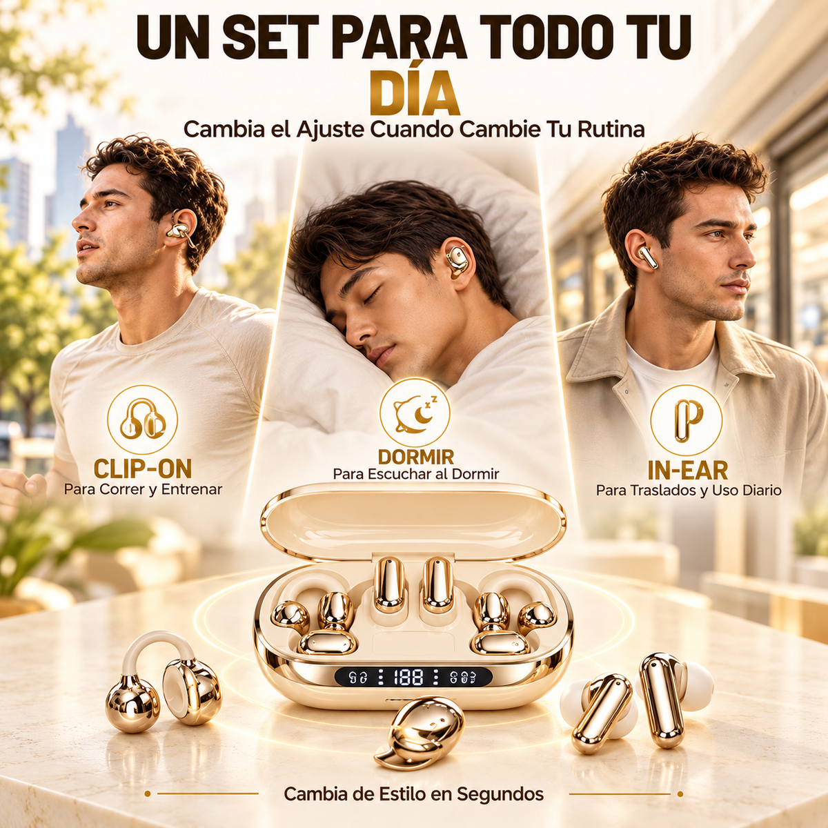 Auriculares inalámbricos de tres estilos: para dormir, para hacer deporte y para uso intrauditivo (3 en 1).