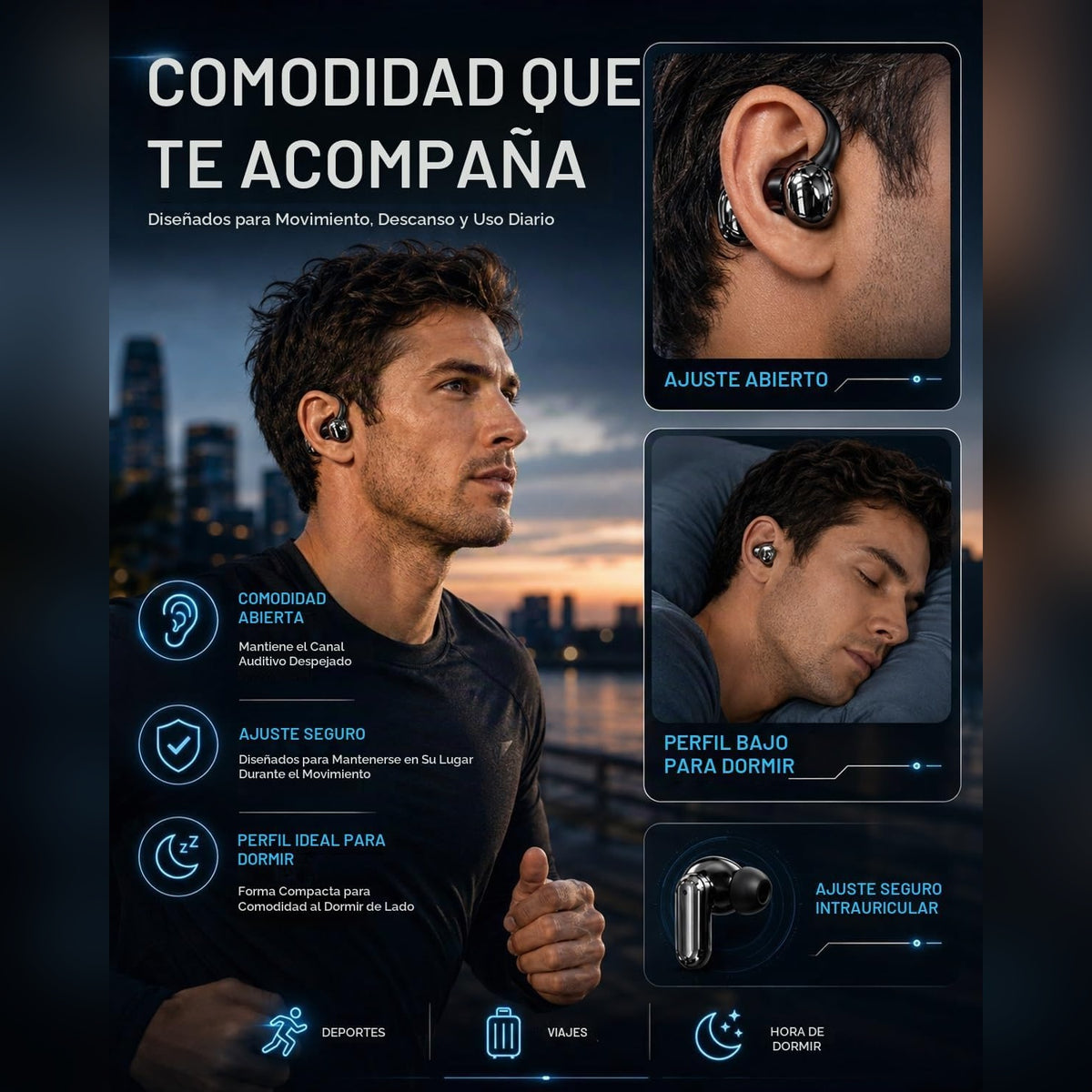 Auriculares inalámbricos de tres estilos: para dormir, para hacer deporte y para uso intrauditivo (3 en 1).